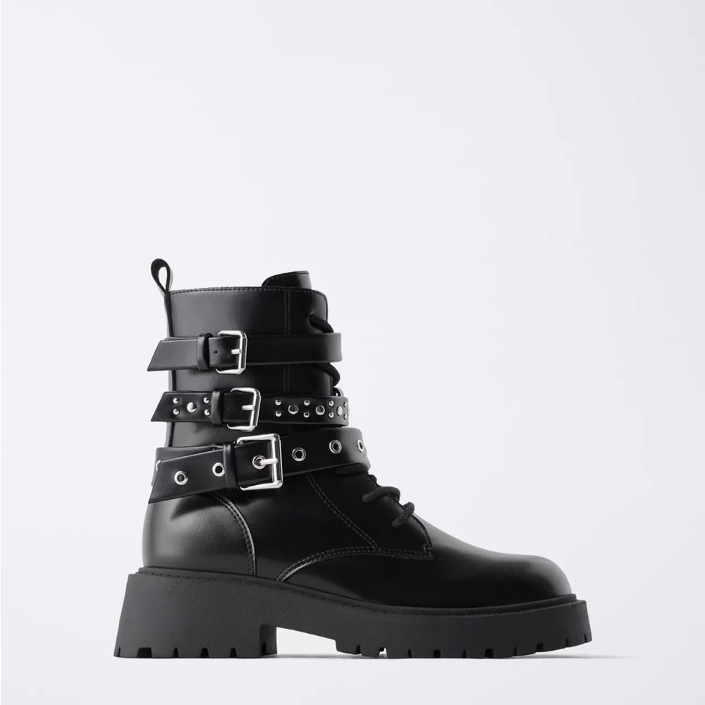 Zara Girls Black Triple Buckle Ankle Boots